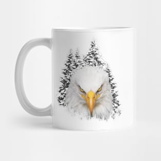 Great bald eagle head in background of snowy pine trees Mug